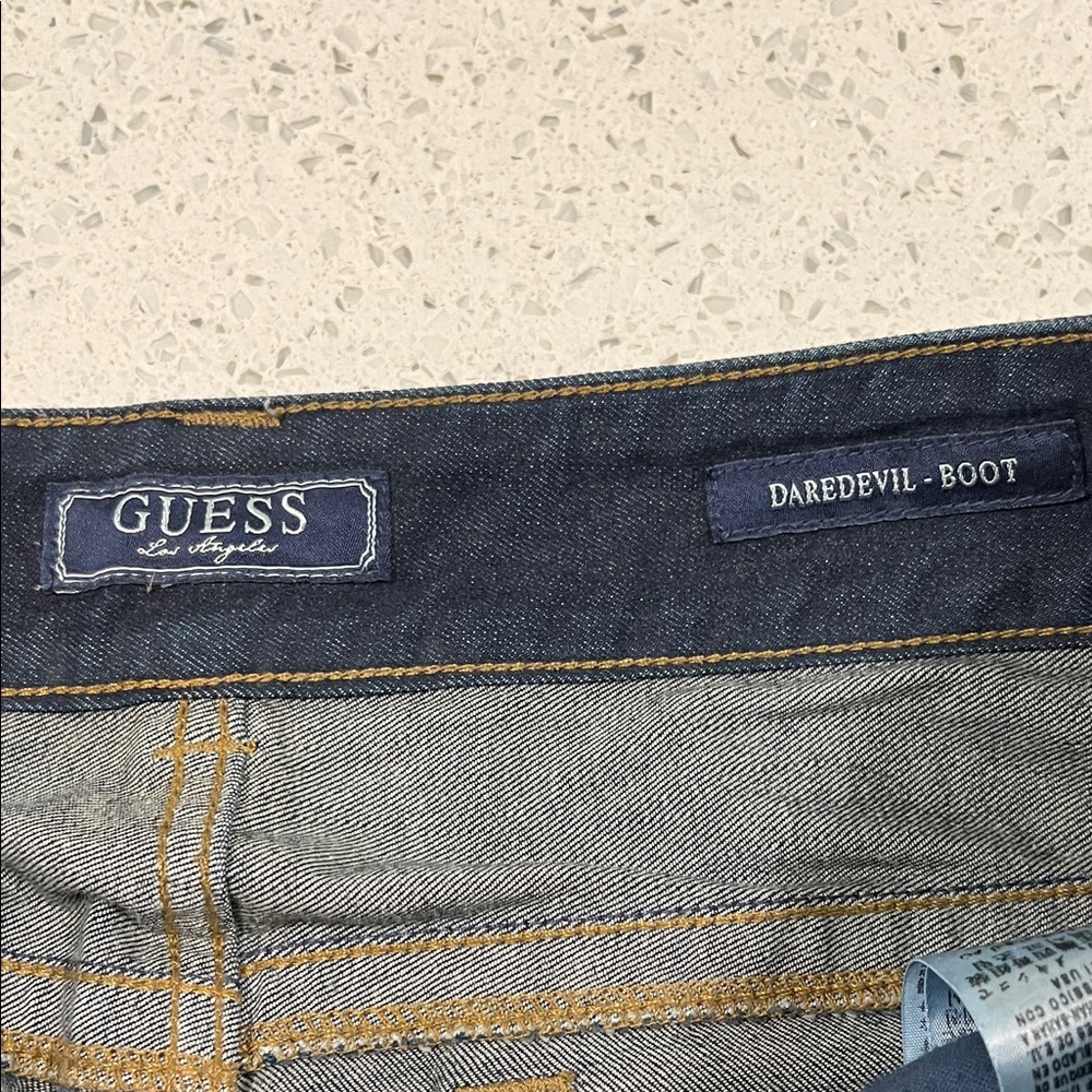 GUESS Low Rise Daredevil Boot Dark Blue Contrast Stitching Stretch Jeans Size 29 - Picture 7 of 16